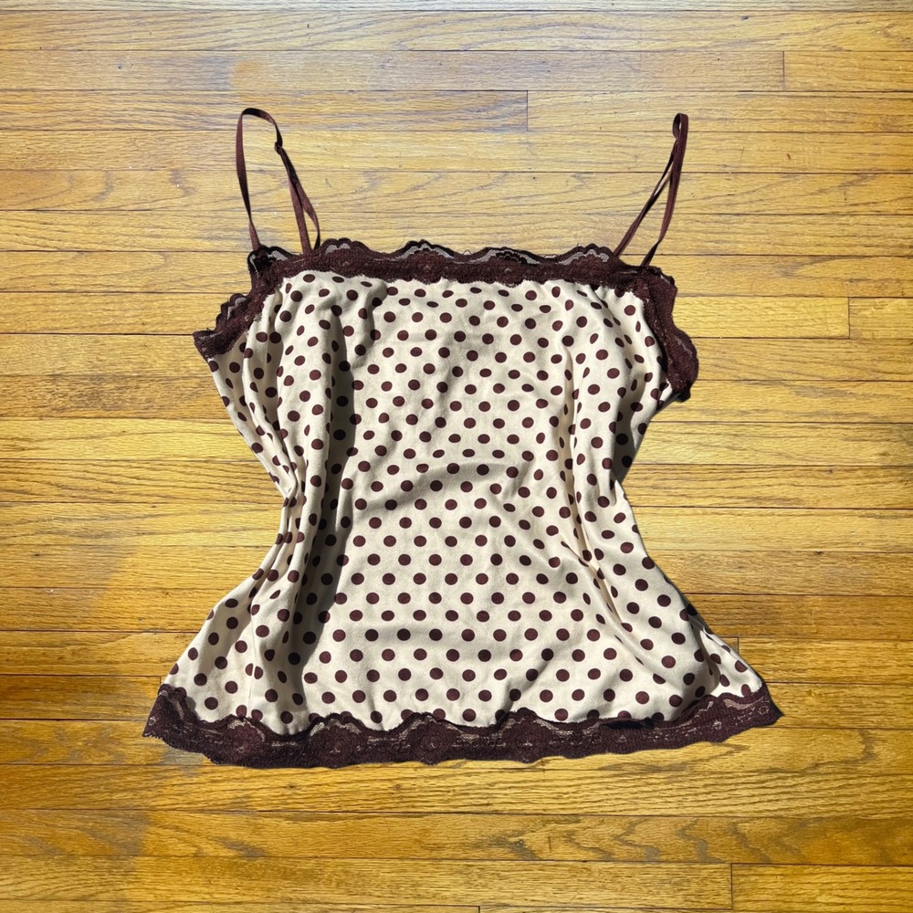 Out From Under Polka Dot Lace Trim Cami Top Brown Cream Medium